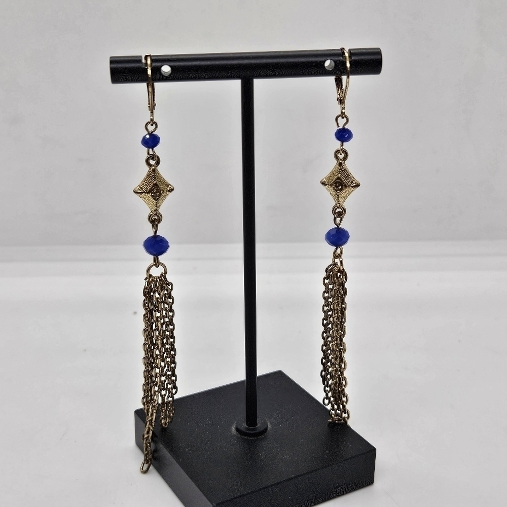 gold tone chain tassel earrings with blue beads